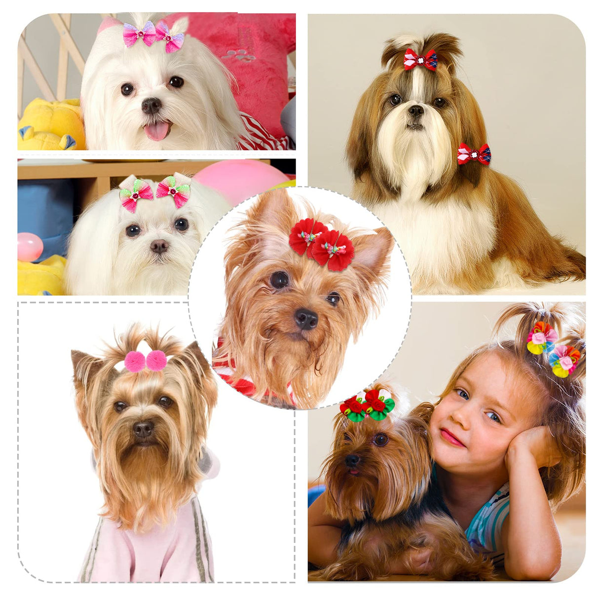 Mruq Pet 100pcs Dog Hair Bows, Small Puppy Grooming Bows with Rubber Bands - Mix Dainty Handmade Hair Accessories for Pet Yorkie and Tiny Dogs
