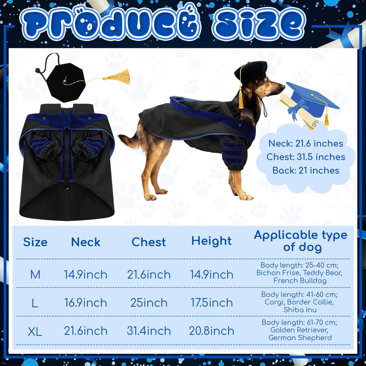 Huhumy 3 Pcs Dog Cat Graduation Doctoral Costume Set, 2026 Pet Graduation Cap and Deluxe Doctoral Gown with Hood Side Tam Puppy Kitty Dogs Cats Grad Holiday Party Costume Accessory(Black Blue,M)
