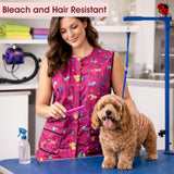 Ladybird Line 711 Pink Dog Design Waterproof Pet Grooming Vest, Hair and Bleach Resistant, Covered Zipper Panel, Mesh Back, Adjustable Back Tie Belt, 2 Front Pockets, Pet Groomers and Vet Clinics-3XL