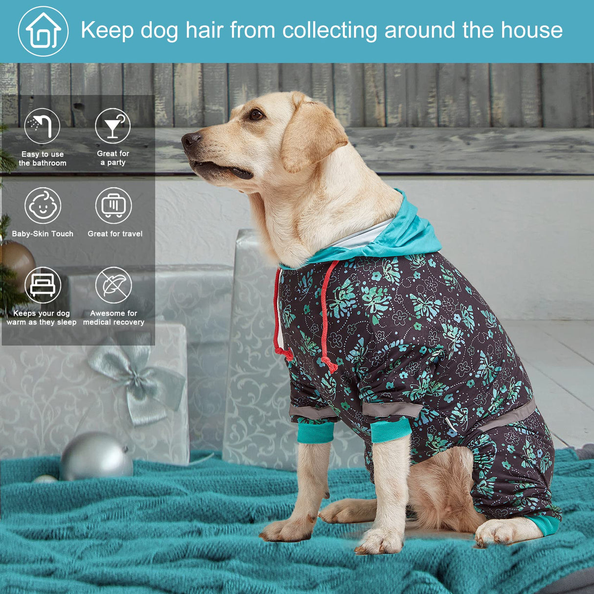 LovinPet Large Breed Dog Onesie Pajamas - UV & Wound Care, Dog Anxiety Relief, Dog Jammies, Reflective Stripe, Butterflies and Rings Black/Green Print, Post Surgery Pet PJ's /3XL