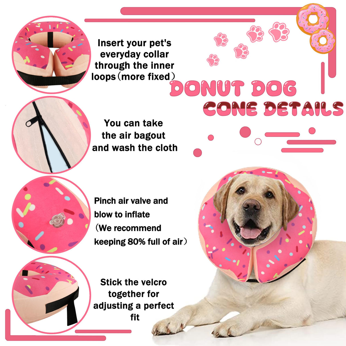 Inflatable Cone Collar for Large Medium Small Dogs, Soft Adjustable Recovery Collar for Dogs Cats,Dog Cone Neck Donut Alternative After Surgery(Pink,Large