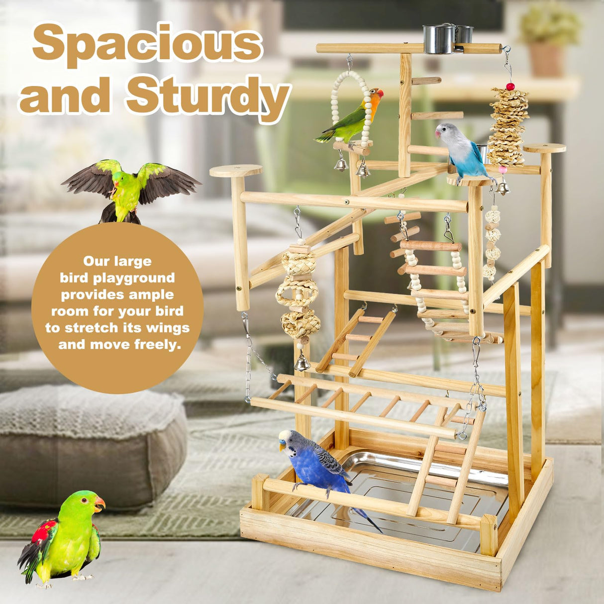 LIMIO Bird Playground - Natural Wood Parrot Playstand with Perches, Bird Play Gym & Accessories, Removable Tray & 4 Stainless Steel Cups