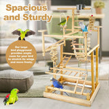 LIMIO Bird Playground - Natural Wood Parrot Playstand with Perches, Bird Play Gym & Accessories, Removable Tray & 4 Stainless Steel Cups