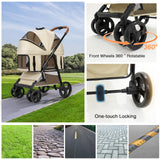 4 Wheels Pet Stroller for Small/Medium Dogs and Cats,Dog Stroller with Detachable Carrier and Storage Basket,One Click Folding, Compact Portable,Up to 50lbs,3 in1 Multifunctional(Khaki)