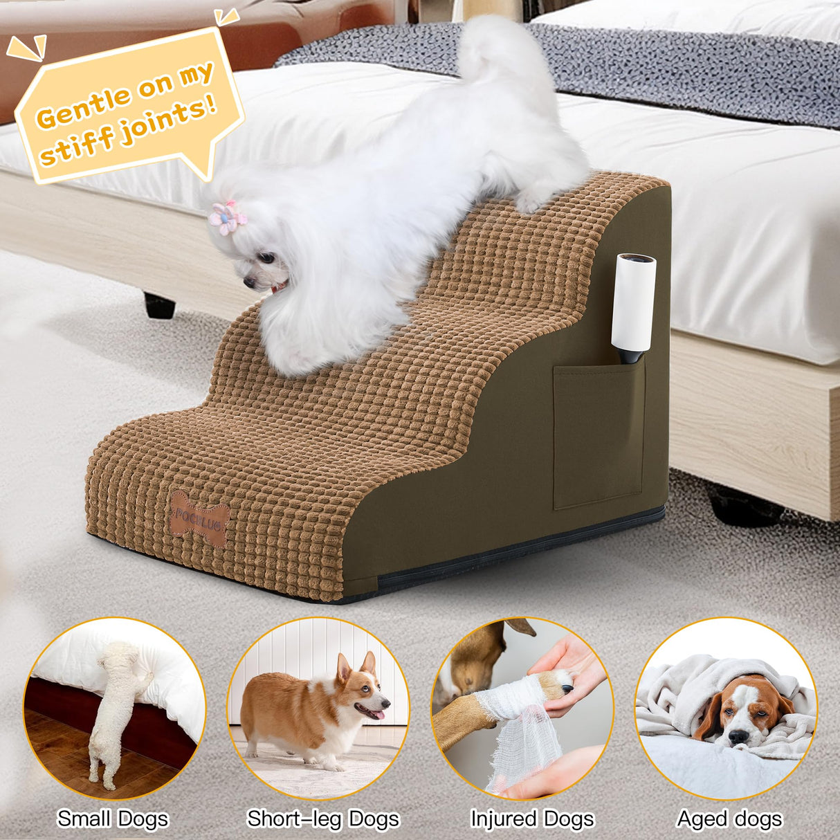 Dog Stairs for Small Dogs, Wide Pet Step with Removable Cover, No Assembly High Density Foam Cat Ramp for Bed or Sofa, 4-Step, Light Brown