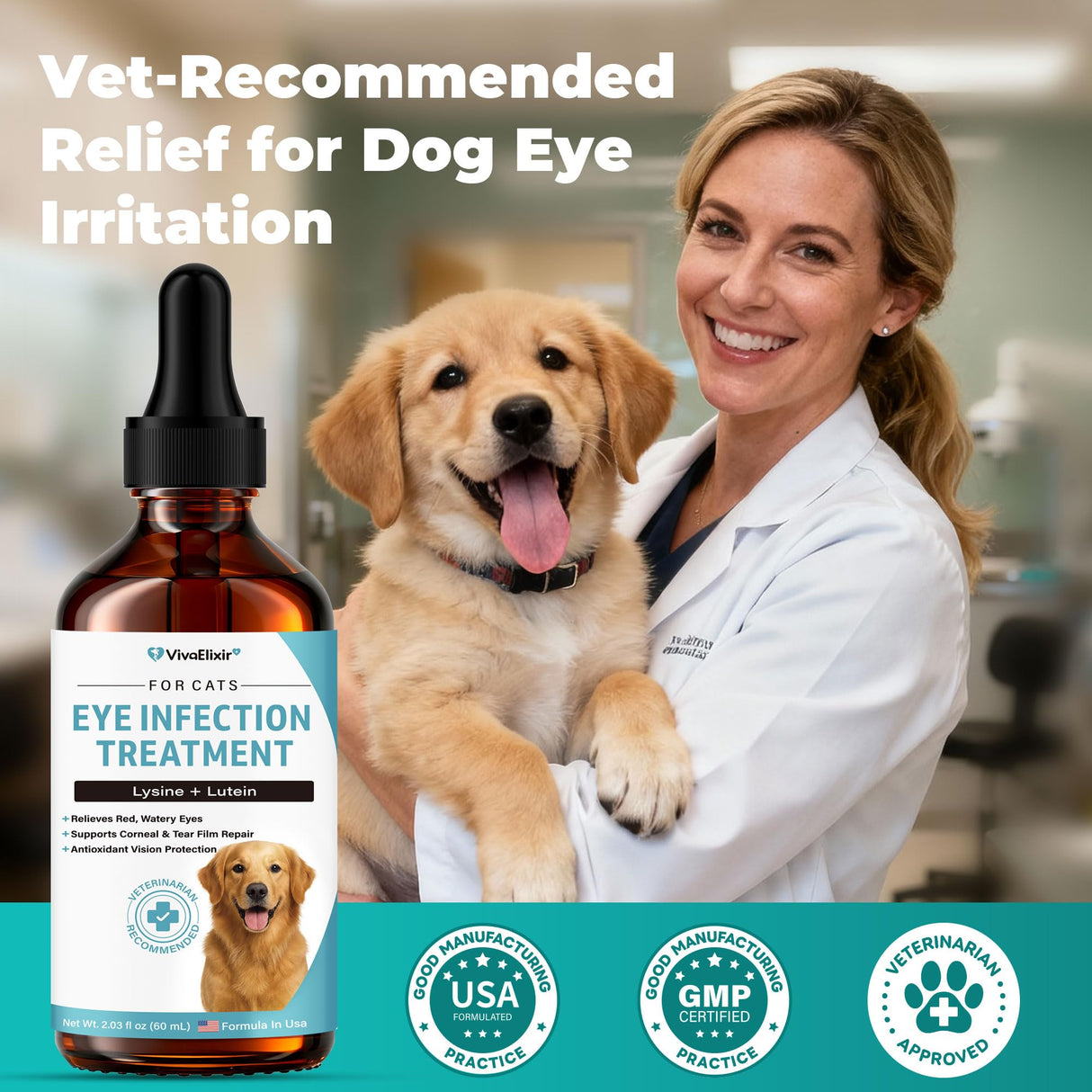Dog Eye Infection & Eye Care Support Supplements | All-Natural Support for Conjunctivitis, Swelling, Dry Eyes, Tear Stains & Discharge | with L-Lysine, Omega-3 & Lutein + Zeaxanthin | 2.03 fl oz