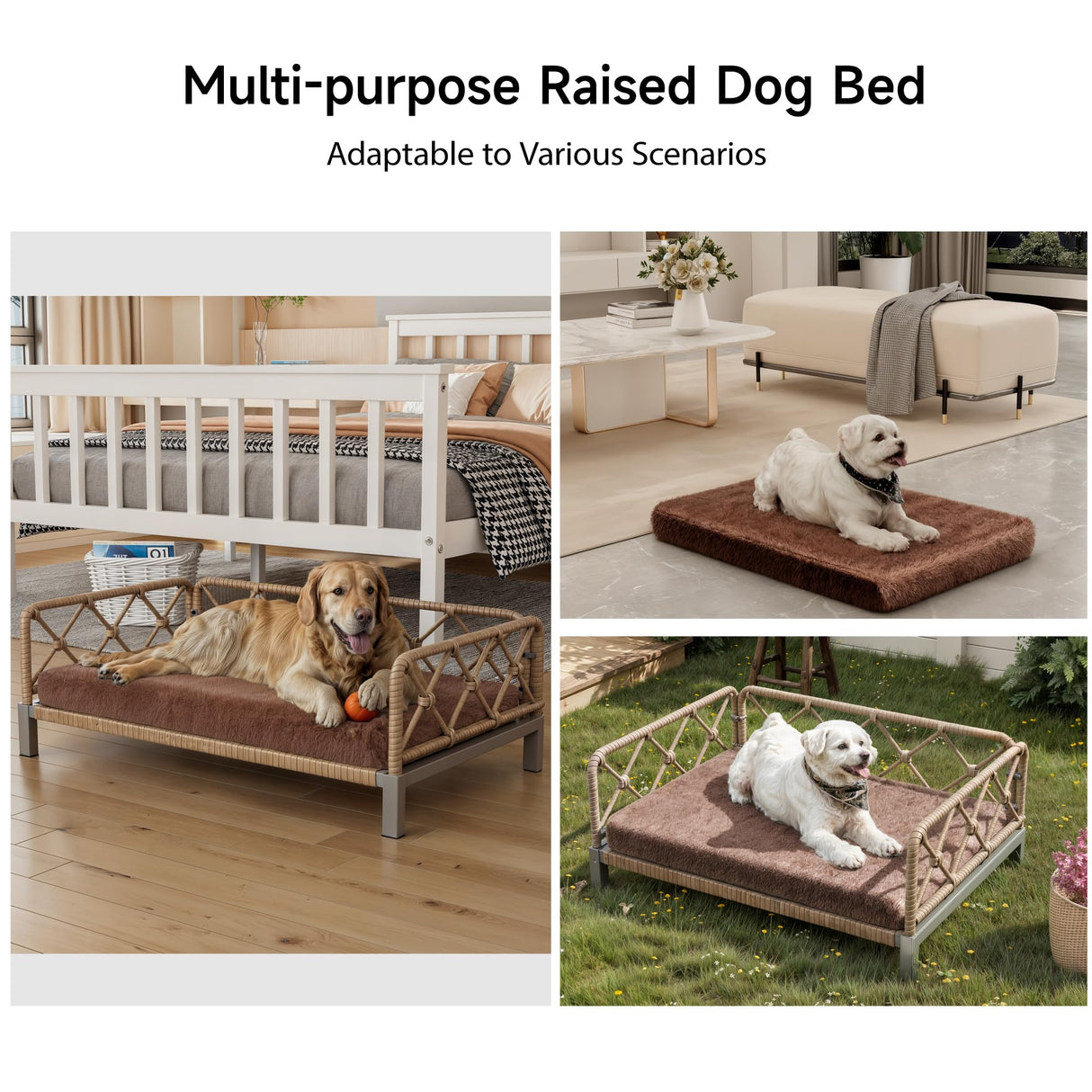 wallowsun Dog Bed with Cushion, Cooling Elevated Raised Beds with Rattan Breathable Mesh and Universal Mat, Indoor & Outdoor Pet Cots for Large Dog, Brown