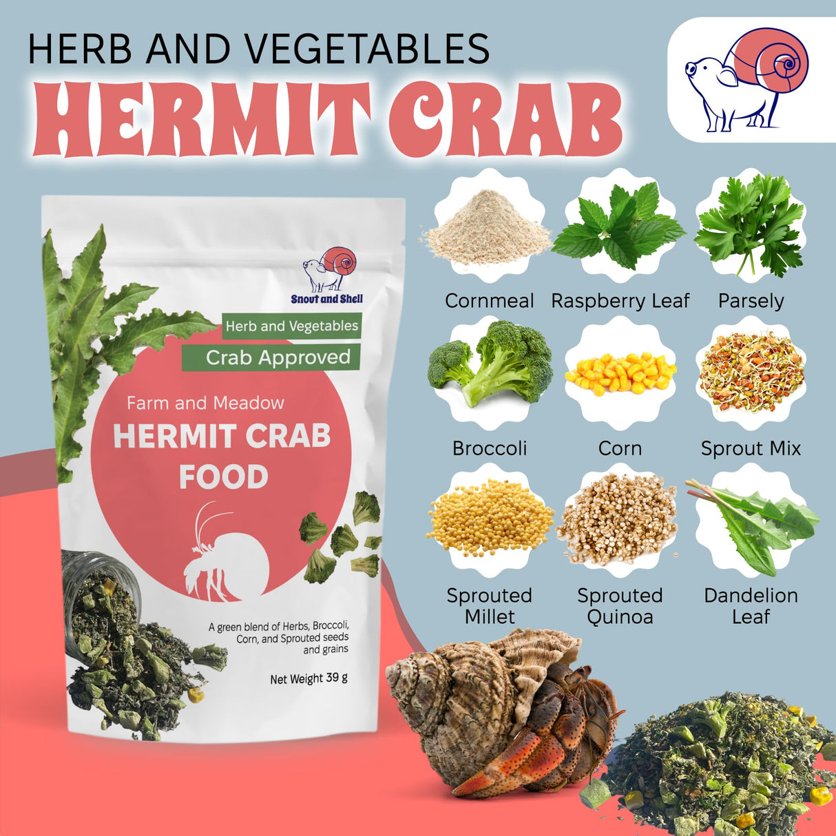 Snout and Shell Hermit Crab Food Bundle (Farm and Meadow, Fruity Breakfast Blend, Crabby Bug Blend, Greensand)