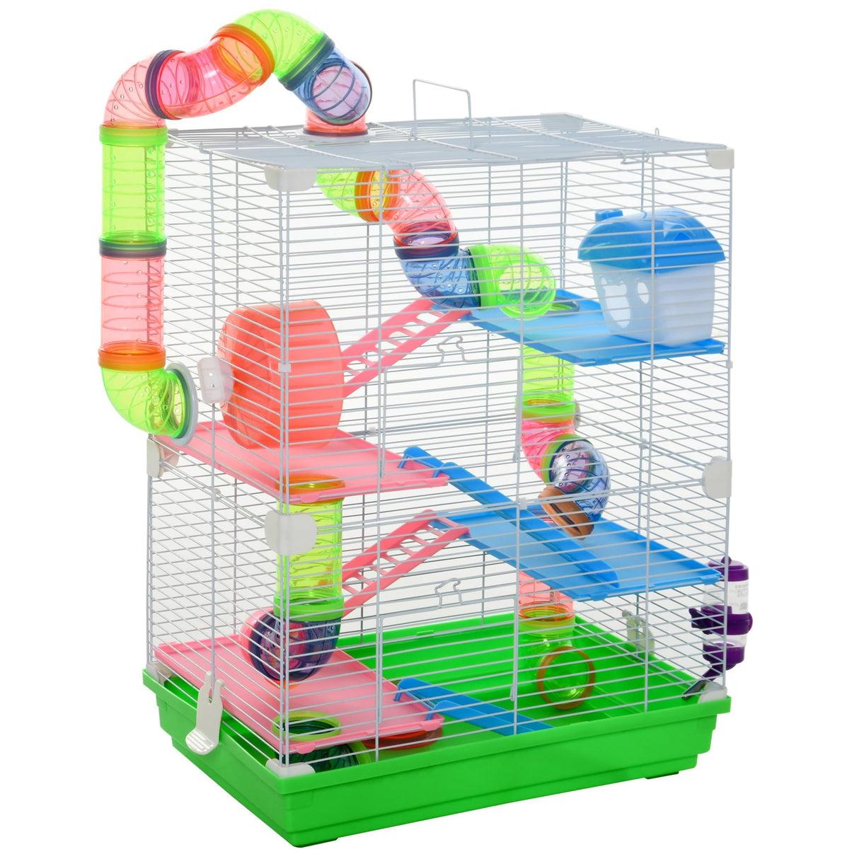 PawHut 18" 5 Tier Hamster Cage with Tubes and Tunnels, Small Animal Cage with Portable Carry Handle, Gerbil Cage with Water Bottle, Food Dish, Exercise Wheel