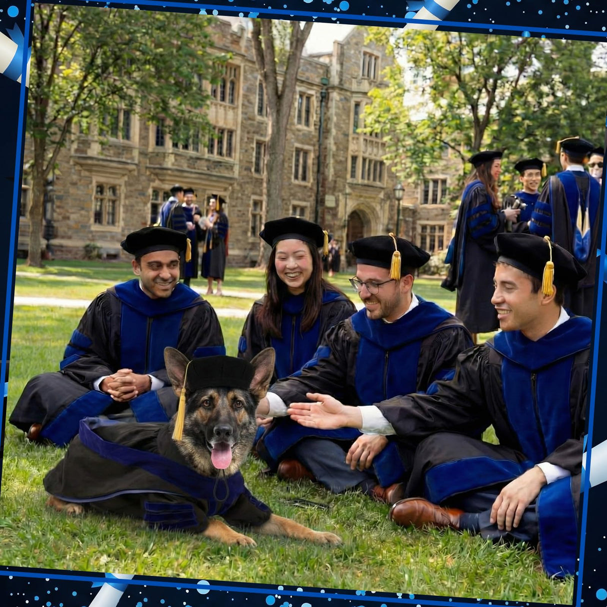 Huhumy 3 Pcs Dog Cat Graduation Doctoral Costume Set, 2026 Pet Graduation Cap and Deluxe Doctoral Gown with Hood Side Tam Puppy Kitty Dogs Cats Grad Holiday Party Costume Accessory(Black Blue,M)