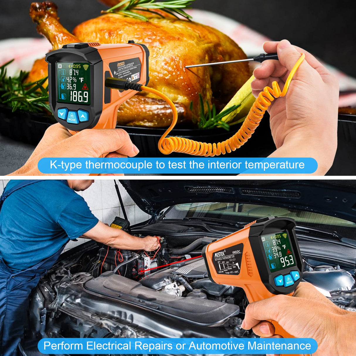 MESTEK Infrared Thermometer Gun, Non Contact Digital Laser Thermometer Temperature Gun with Color LCD for Cooking, Home Repairs, Humidity Measurement, Adjustable Emissivity -58°F to 1472°F(-50~800°C)