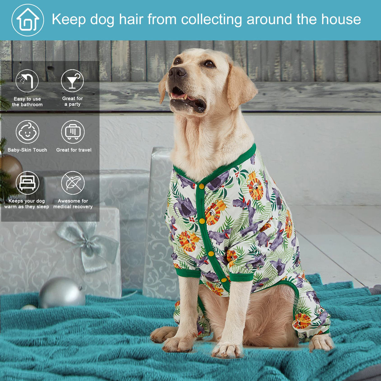 LovinPet Large Dog Pajamas Onesie: Lightweight Stretchy Knit Pullover Large Breed Jammies, Big Hippo Green Print, Wound Care/Post Surgery Dog Shirt, UV Protection, Pet PJ's, Dog Onesie/L