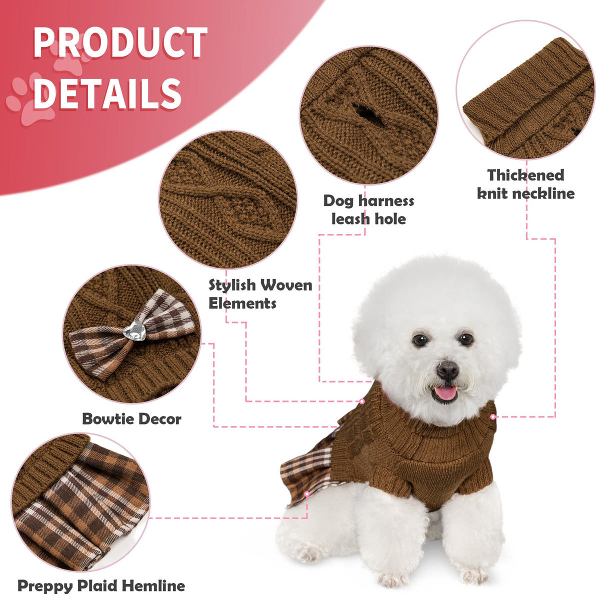 WOYYHO Girl Dog Sweater Dress with Bowtie Turtleneck Small Dogs Sweater with Leash Hole, Knitted Small Dog Sweaters Dress Puppy Winter Clothes for Yorkies Chihuahua (S, Brown)