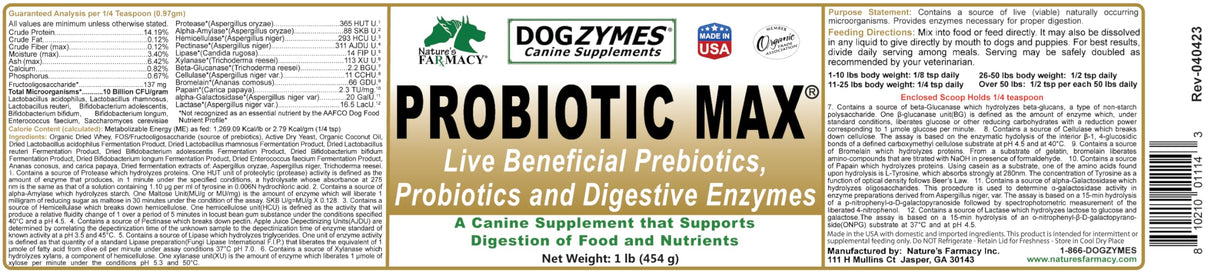 Dogzymes Probiotic Max -10 Billion CFU's Probiotics, Prebiotics, Digestive Enzymes - Relieves Diarrhea, Upset Stomach, Constipation, Gas, Allergy, Immunity & Overall Health 1 Pound