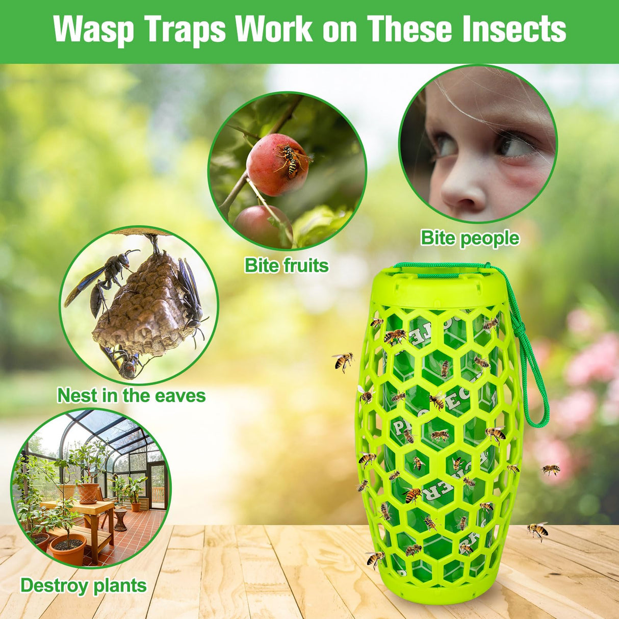 Wasp Traps Outdoor Hanging, Wasp Trap Bee Traps Catcher, Sticky Wasp Trap for Indoor/Outdoor, Effective Insect Trap,Carpenter Bees, Red Wasp & Paper Wasps-2 Pack 4 Sticky Boards(Green)