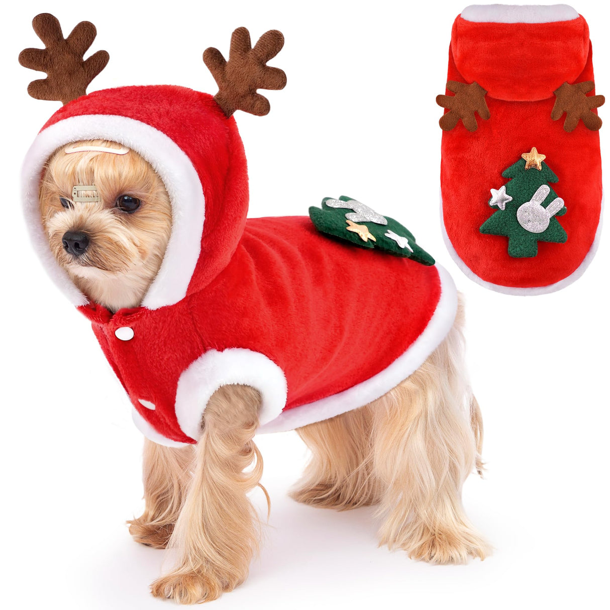 Dog Christmas Costume Funny Dog Christmas Outfit Cute Santa Hoodie for Small Medium Dogs with Reindeer Antler Hood for Cats Dogs Puppy Pets Holiday