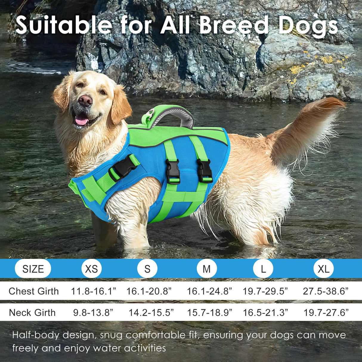 Dog Life Jacket, High Buoyancy Dog Life Vest with Handle for Swimming Boating, Adjustable Swimming Vest with Reflective Trim for Small Medium Large Dogs - Blue & Green, M