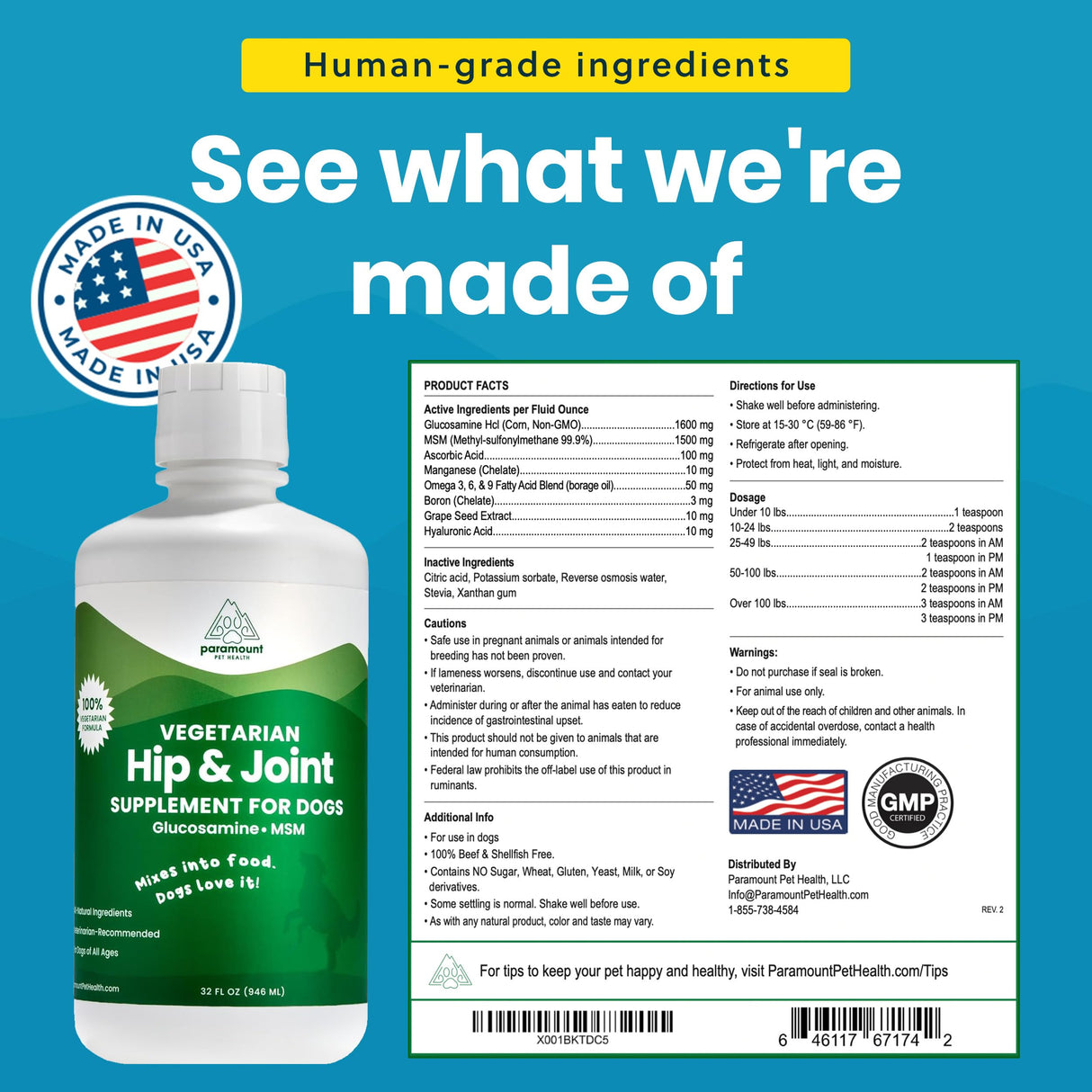 Plant-Based Liquid Glucosamine for Dogs, 1600mg Joint Support with Chondroitin, MSM & Omega 3-6-9, Shellfish-Free Dog Arthritis Supplement for Mobility & Flexibility, Made in USA, 32 oz