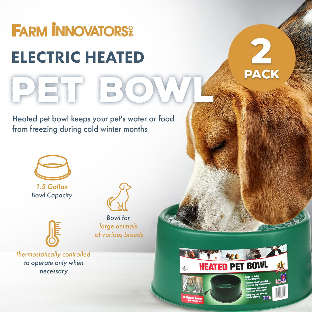 Farm Innovators P-60 1.5 Gallon 60 Watt Electric Heated Pet Water Bowl with Thermostatic Control and Anti Chew Cord, Green (2 Pack)