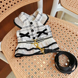 Elegant Dog Plaid Harness with 5FT Leash Set Bowknot Sleeveless Vest Cute Tweed Puppy Dress Outfits Pet Yorkie Birthday Wedding Clothes (Black & White, Small)