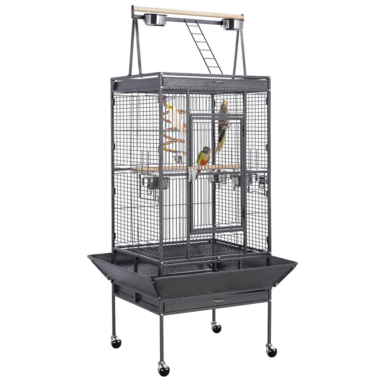 Yaheetech 69-inch Wrought Iron Rolling Large Parrot Bird Cage for African Grey Small Quaker Amazon Cockatiel Sun Parakeet Green Cheek Conure Dove Lovebird Budgie Play Top with Stand