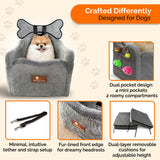 Yara’s Woofyverse Dog Seat for Car – Booster Seat for Small & Medium Dogs with Adjustable Cushions, Fur-Lined Headrest & 6-Pocket Storage – Portable Pet Car Seat for Front/Back Travel – Stone Shadow