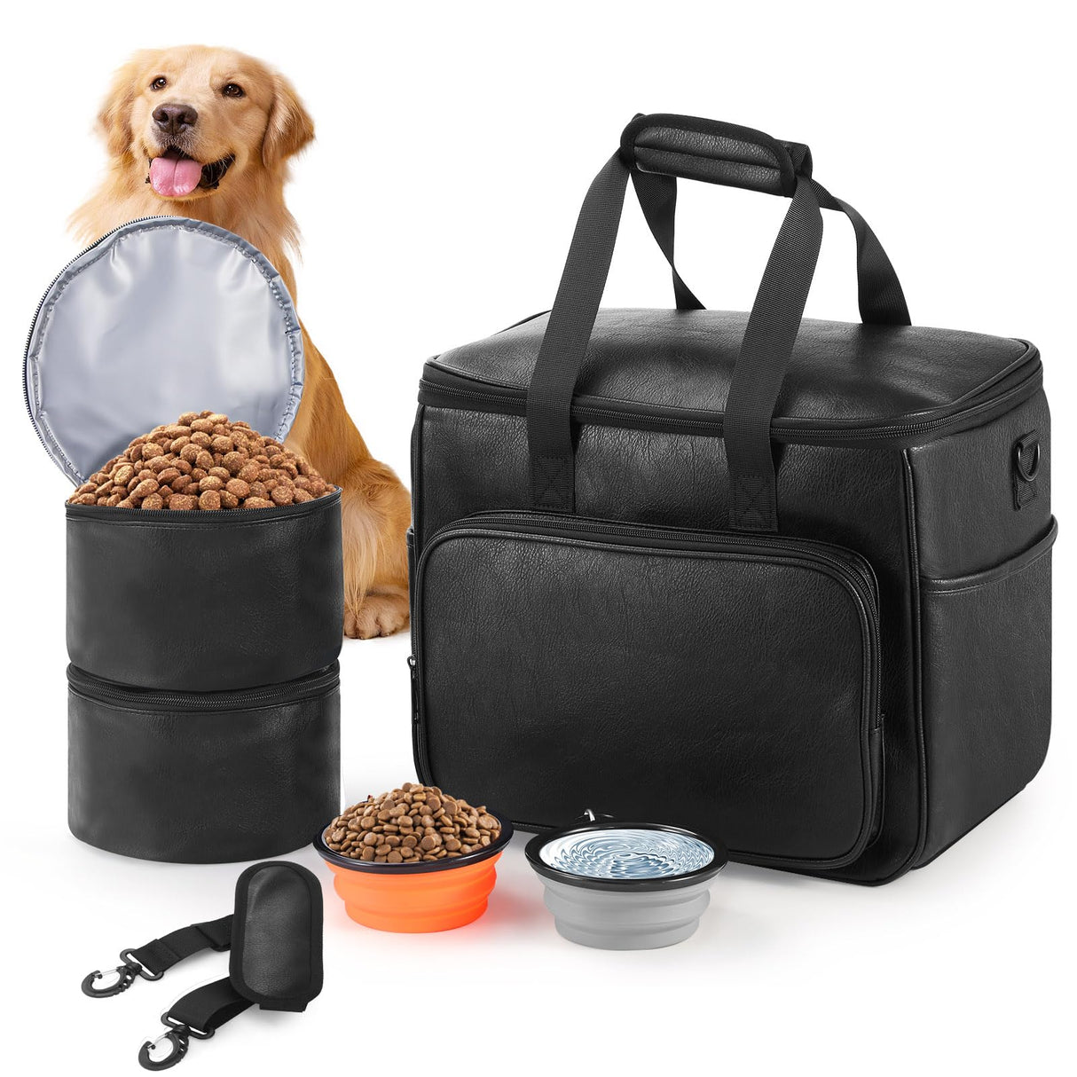 Lasaviin Dog Travel Bag, Leather Travel Pet Bag Set for Dog and Cat, Airline Approved Tote Organizer with Multi-Function Pockets, 2 Food Storage Containers, 2 Collapsible Bowls
