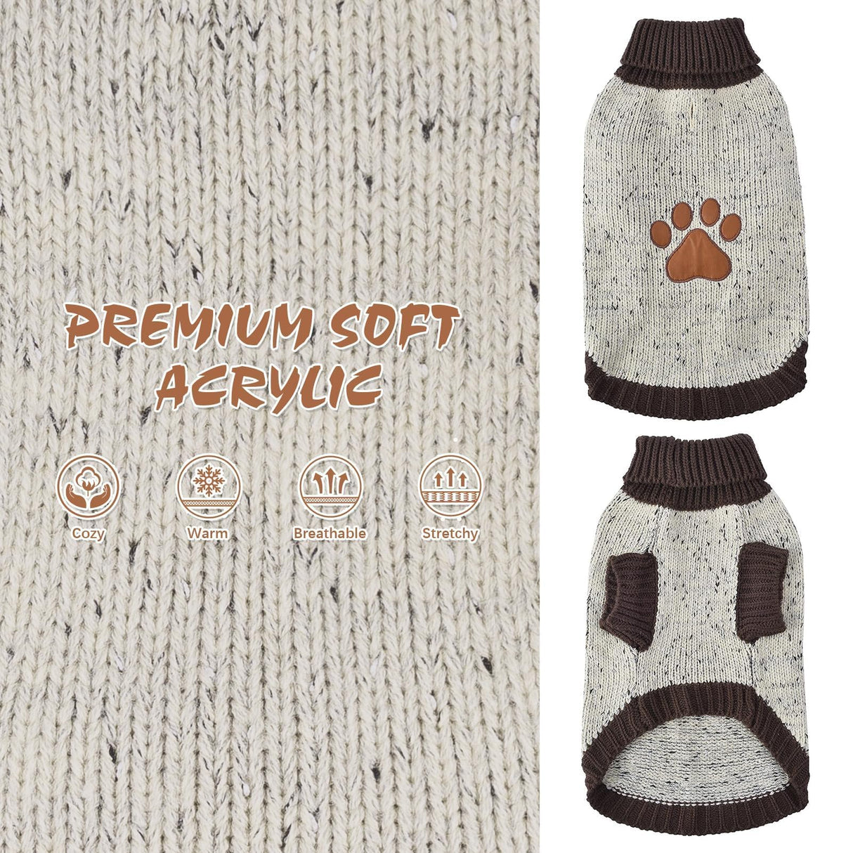 BINGPET Turtle Neck Dog Sweater - Brown Bone Pattern - Puppy Winter Warm Cloth for Small Medium Large Dogs