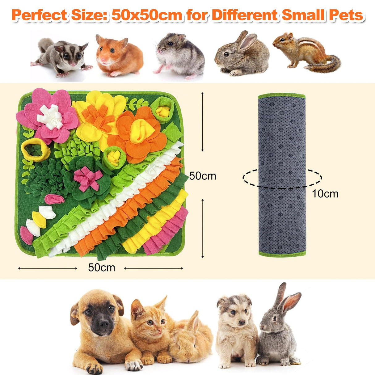 Adpartner Rabbit Foraging Mat, 20"x20" Pet Snuffle Mat Interactive Snuffle Feeding Toy for Rabbits Guinea Pigs Chinchillas, Washable Pet Feed Game Bunny Toys to Stimulate Natural Foraging Skills