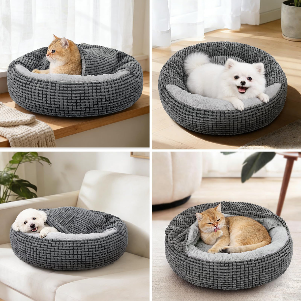 SIWA MARY Small Dog Bed with Attached Blanket, Cozy Donut Cuddler Anti-Anxiety Hooded Pet Beds Calming Cave Bed. Orthopedic Round Puppy Beds for Dogs or Cats Washable, Anti-Slip Bottom, 23inch