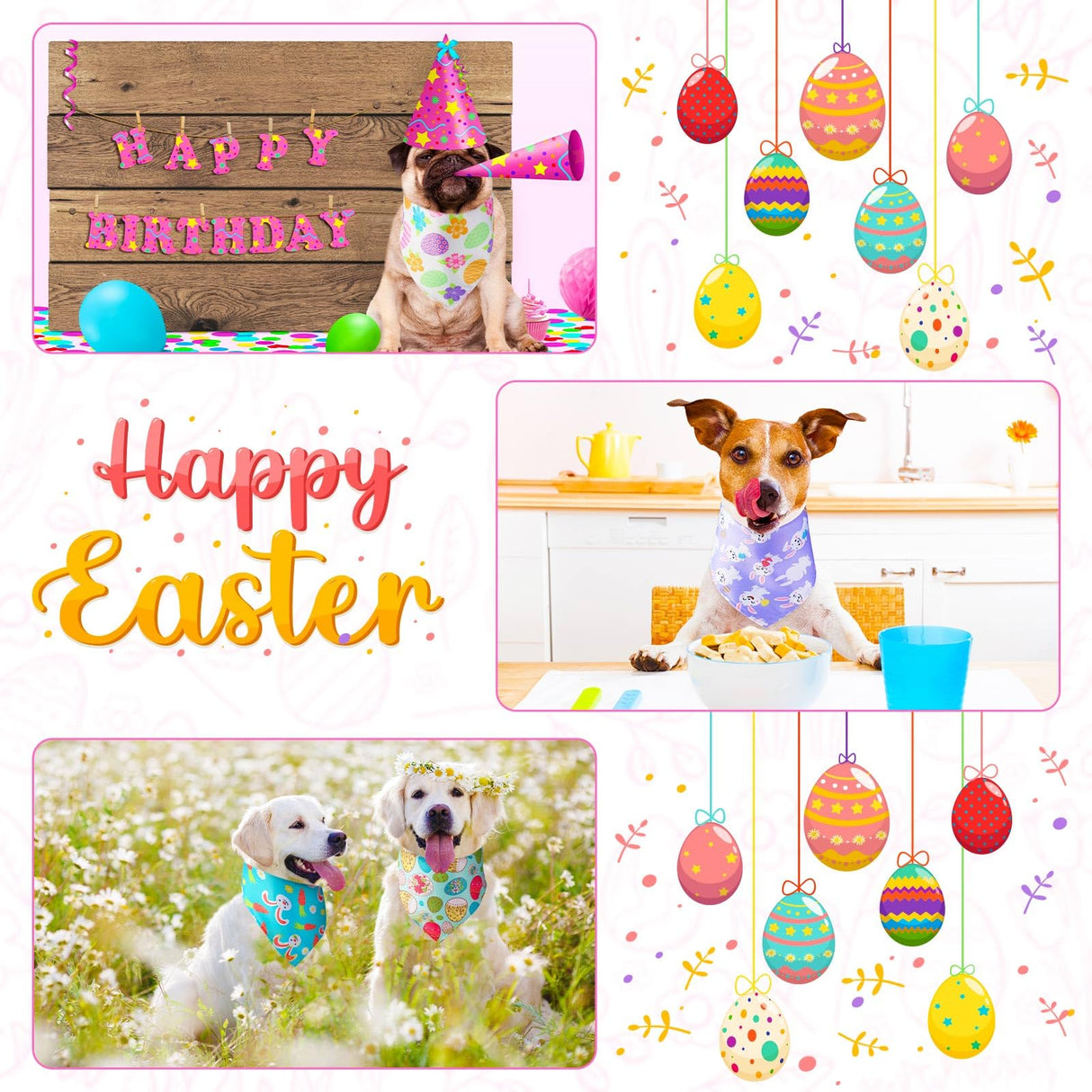 SilTriangle 100 Pcs Easter Dog Bandanas Bulk Colorful Easter Egg Bunny Carrot Dog Scarf Puppy Bibs Spring Cat Kerchief Holiday Bandanas for Small to Medium Pet