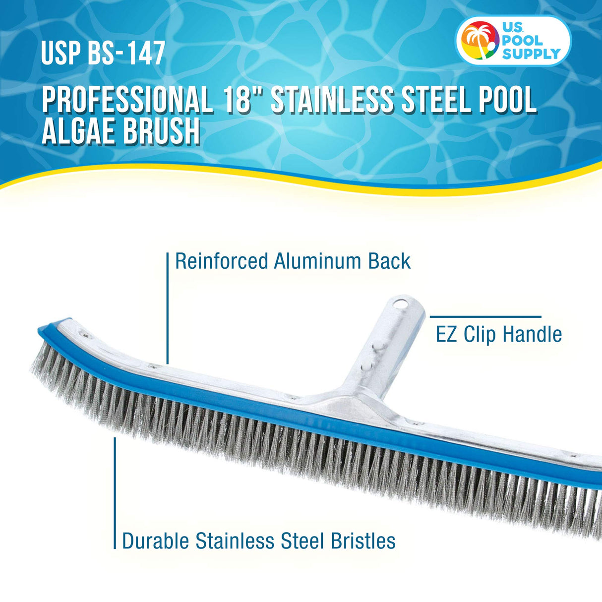 U.S. Pool Supply Pool Brush Head for Inground Pools - 18" Stainless Steel Pool Brush, Metal Wire Bristles, Scrubbing Scrubber Brushes - Remove Calcium Build-Up on Tiles, Rust Stains on Concrete Walls