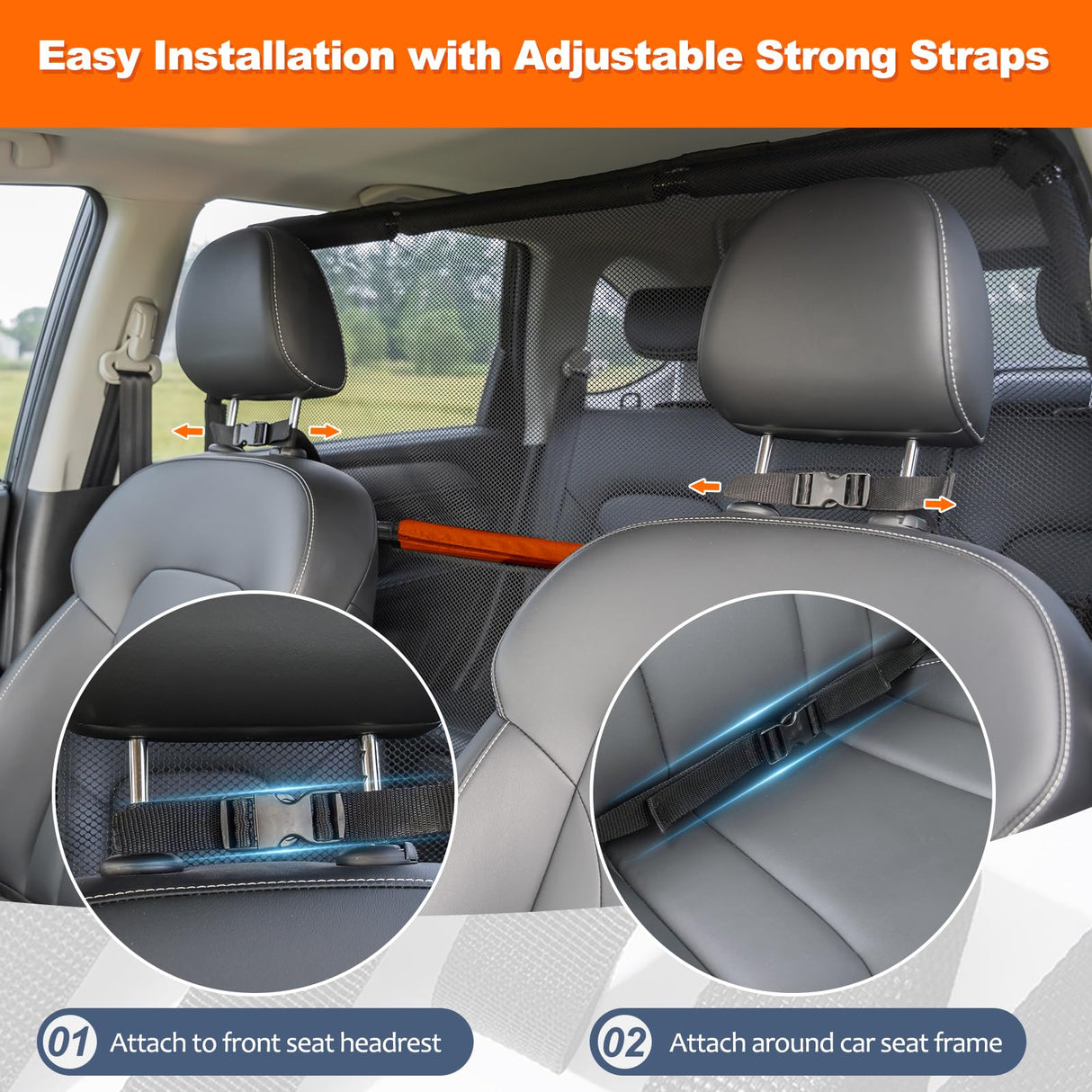 Furggis Dog Barrier for Car, 50" Wide SUV Dog Barrier for Cargo Area & 2nd 3rd Row Seats, Sturdy Dog Barrier for Small SUV & Truck with See-Through Net Mesh, Back Seat Divider for Mid-Sized Vehicle