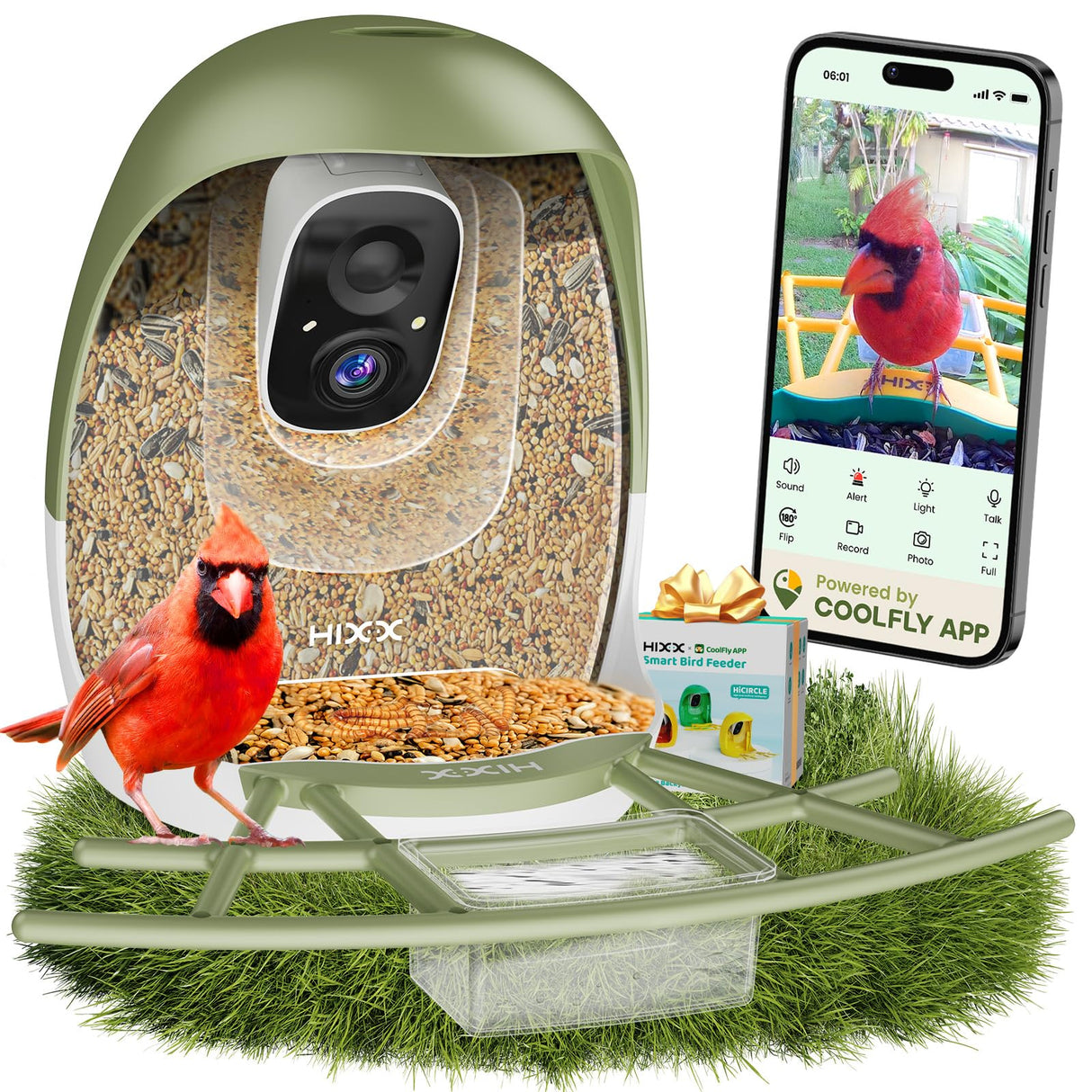 HIXX Smart Bird Feeder with Camera, AI Identify Birds & Auto Capture, 2K HD Live Camera Birdwatching with Color Night Vision for Bird Lovers Gifts (Forest Green)