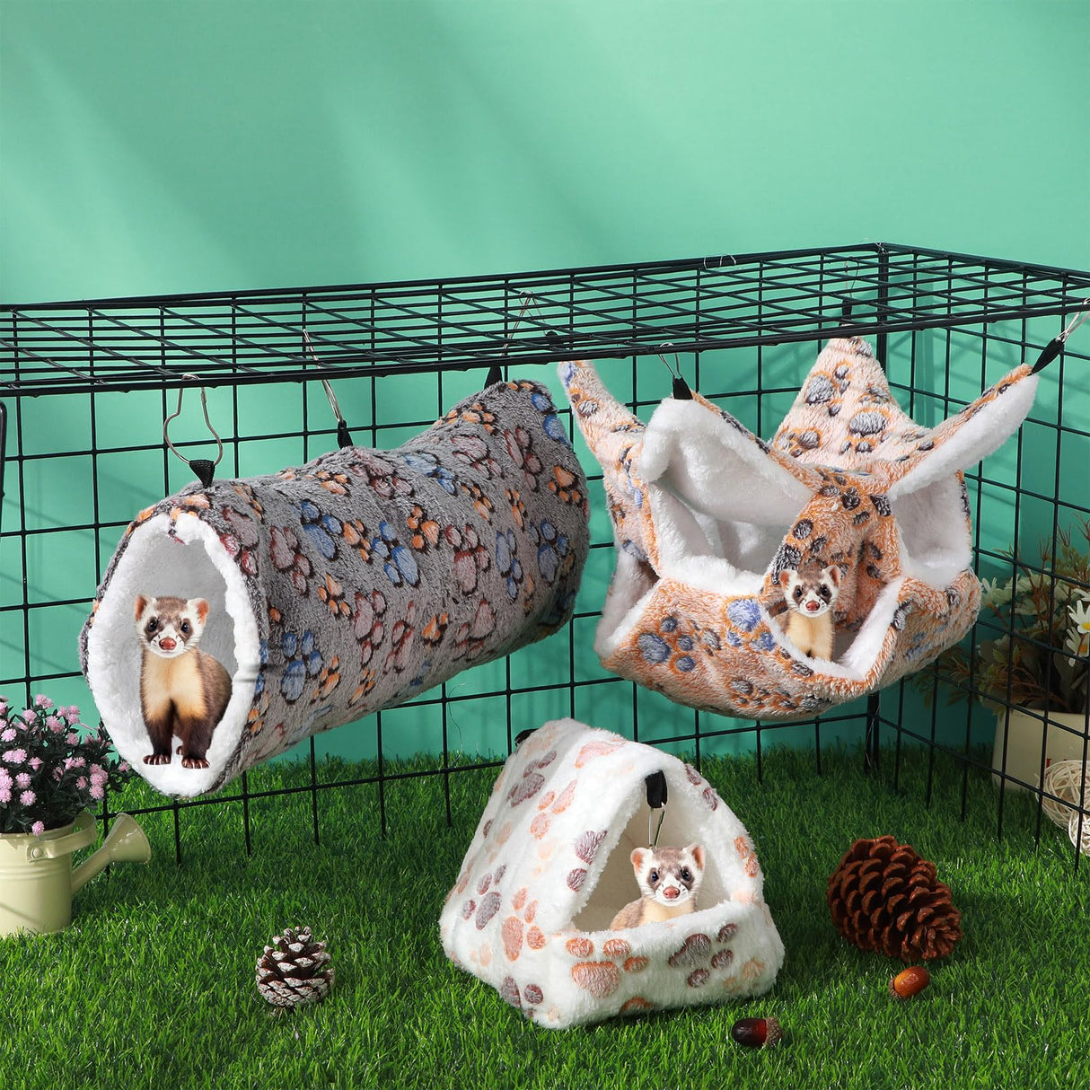 Abbylike 9 Pieces Rat Hammock 3 Tier Guinea Pig Ferret Hammocks Small Pet Hanging Tunnel Glider Toy Guinea Pig Ferret Hideout Bed Cage Accessories for Hamster(Light Brown, White, Black,Paw)
