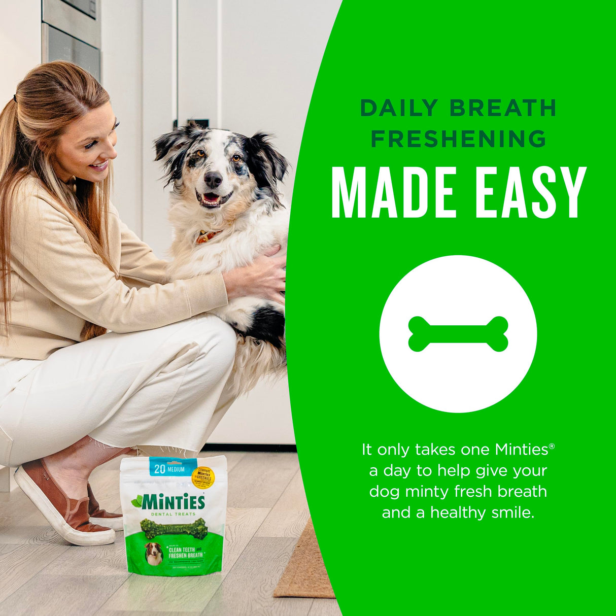 Minties Dental Chews for Dogs, 40 Count, Vet-Recommended Mint-Flavored Dental Dog Treats for Medium Dogs, Bones Clean Teeth, Fight Bad Breath, and Removes Plaque and Tartar
