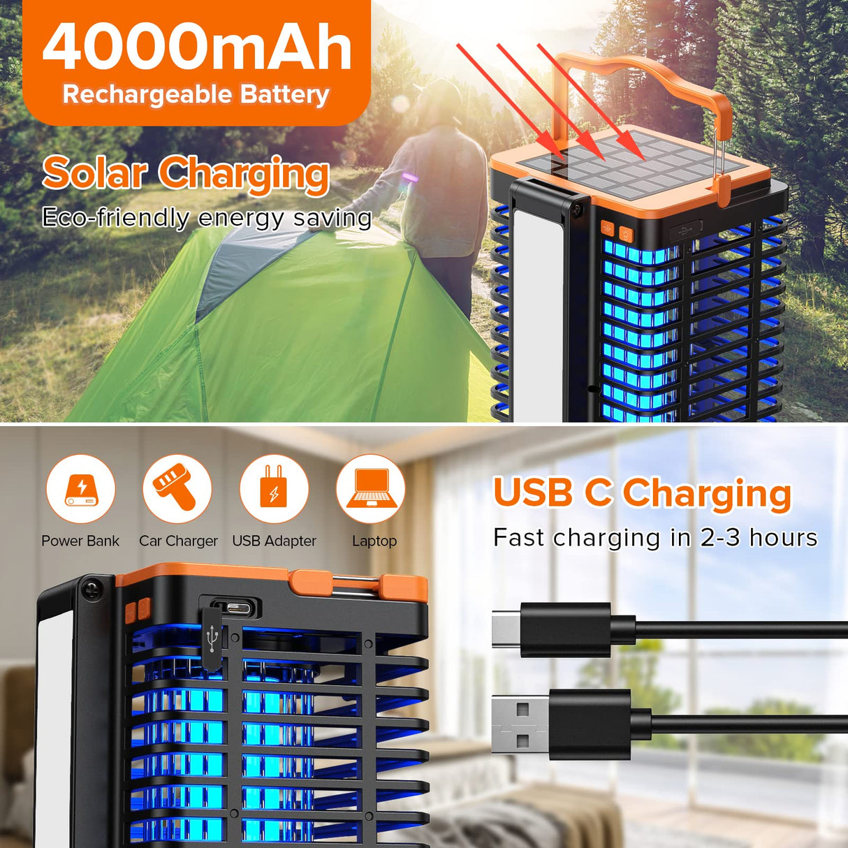 Solar & Electric Mosquito Zappers with Reading Lamps, 4200V Insect Killers for Indoor Outdoor Home Backyard Patio Camping