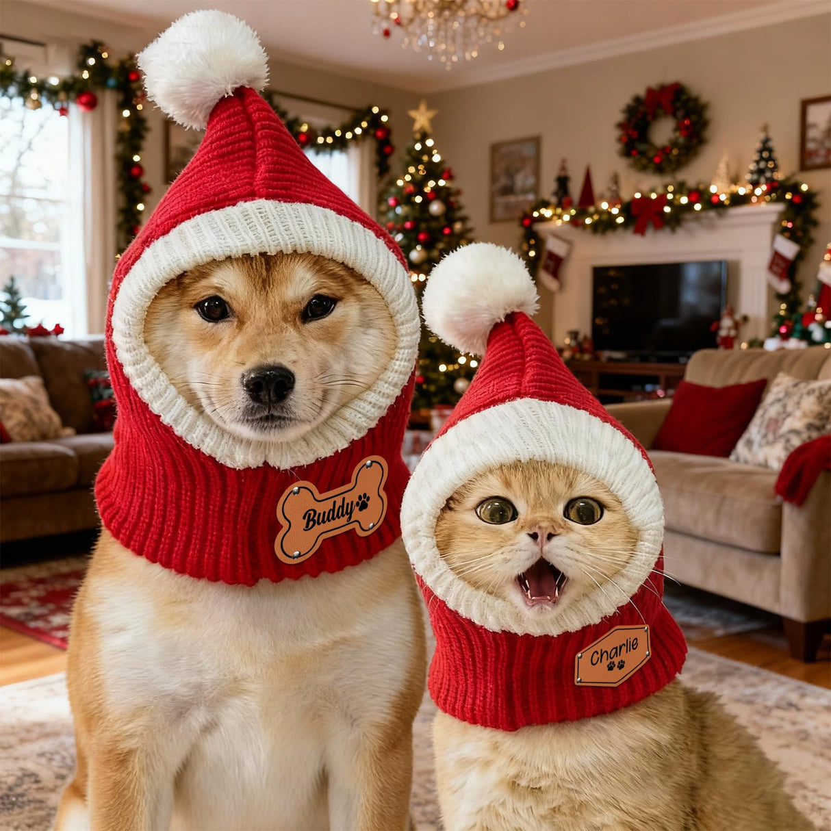 DYOART Custom Dog Beanie with Leather Patch Name, Personalized Santa Hat for Dog, 2025 Christmas Hats for Dog & Cat, Pom Pom Winter Hat for Small Medium Large Dogs Cats