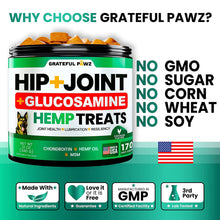 Load image into Gallery viewer, Hemp Hip and Joint Supplement for Dogs - Glucosamine for Dogs - 170 Joint Pain Relief Treats - Chondroitin, MSM, Hemp Oil - Advanced Health Supplement - Mobility Support Chews - Made in USA
