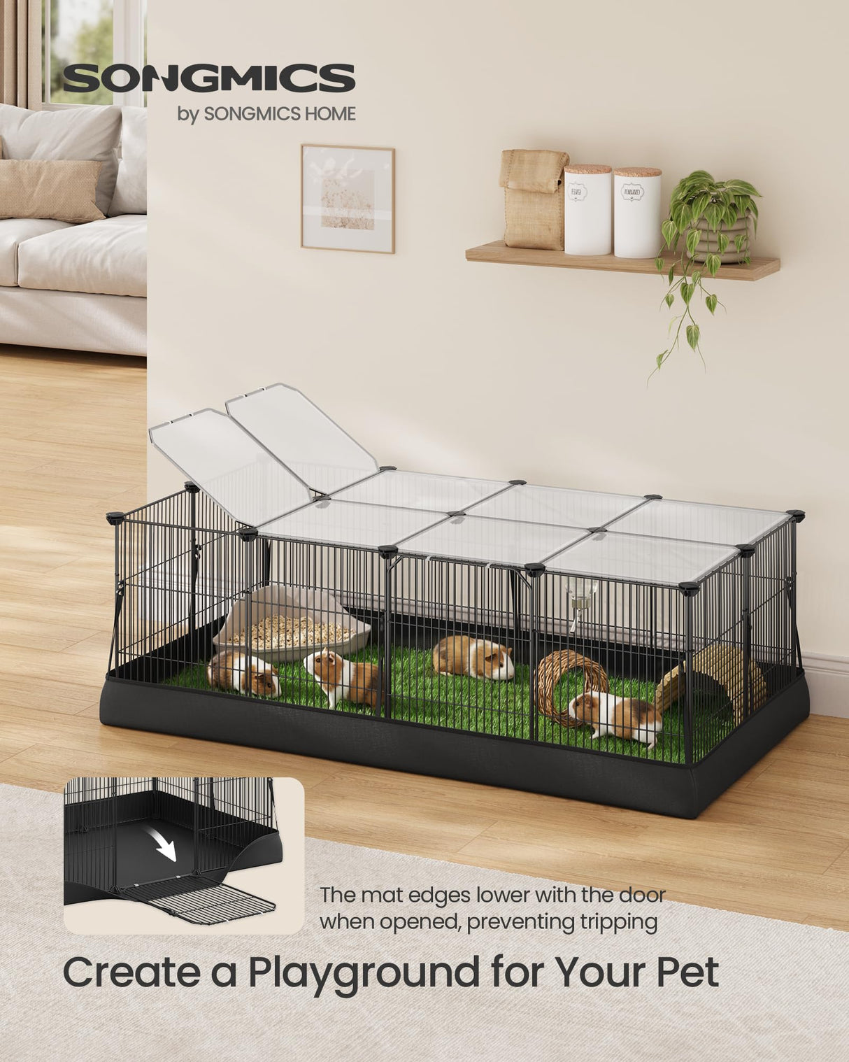 SONGMICS Guinea Pig Cage, Rabbit Cage, Small Animal Playpen with Waterproof Mat, Top and Side Door, 20 Panels, 48.4 x 24.8 x 16.3 Inches, Ink Black ULPI011BH01