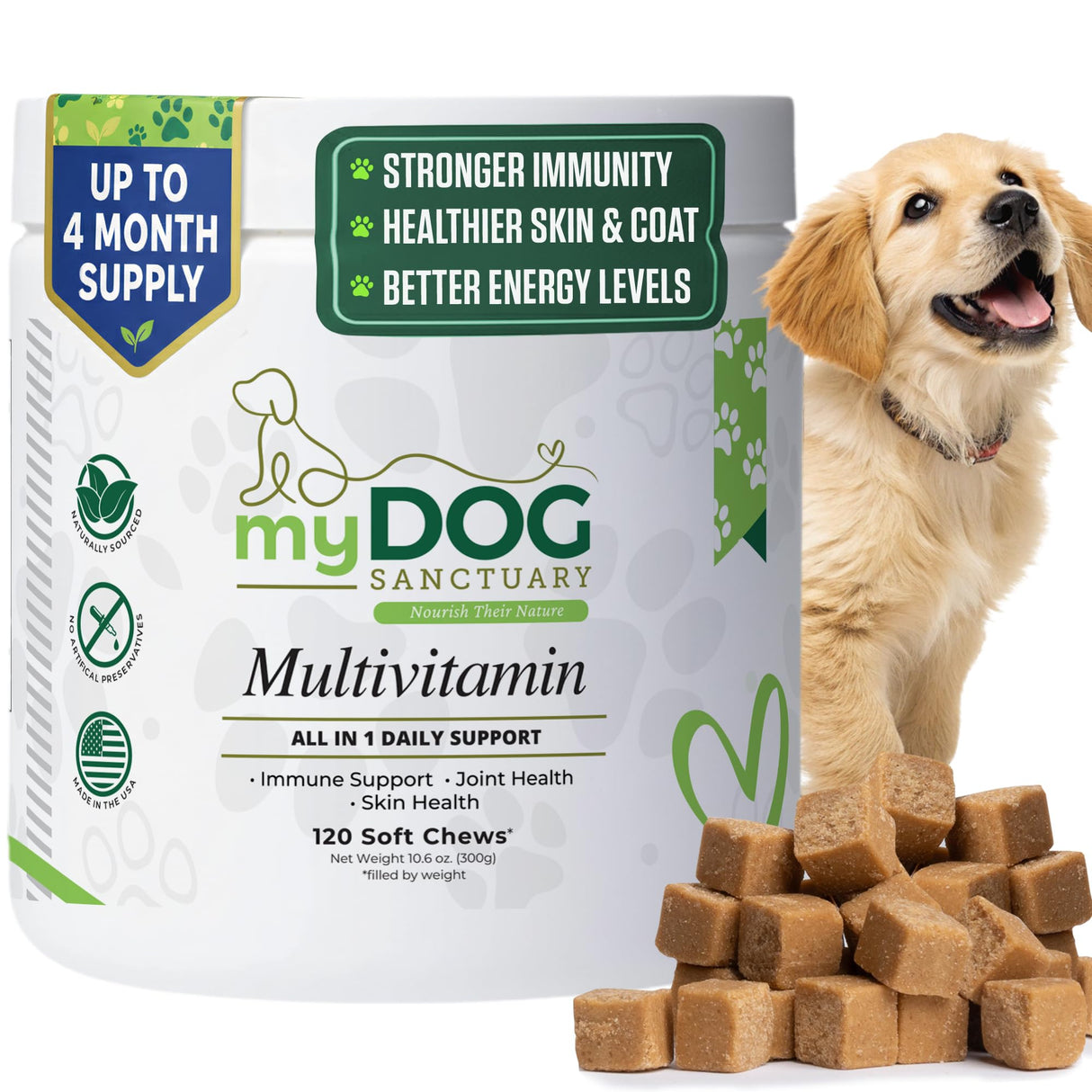 My Dog Sanctuary 14 in 1- Multivitamin for Dogs 120 Chews - Daily Support for Active & Aging Dogs Supplies/Vitamin A, D3, E, C, and B-Complex for Joint, Skin, Coat, Immune - Dog Multivitamin, Bacon