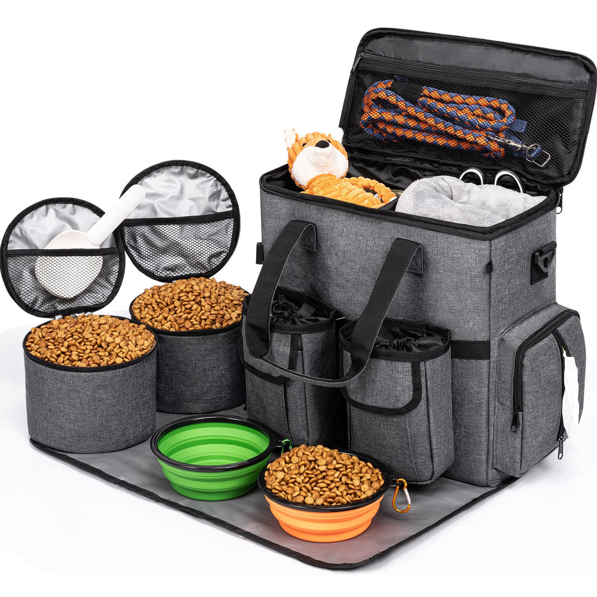 Modoker Dog Travel Bag Backpack, Airline Approved Pet Accessories Organizer for Dog and Cat with Shoulder Strap, 2 Dog Food Storage Containers, 2 Collapsible Dog Bowls,1 Pet Mat, Rose Red