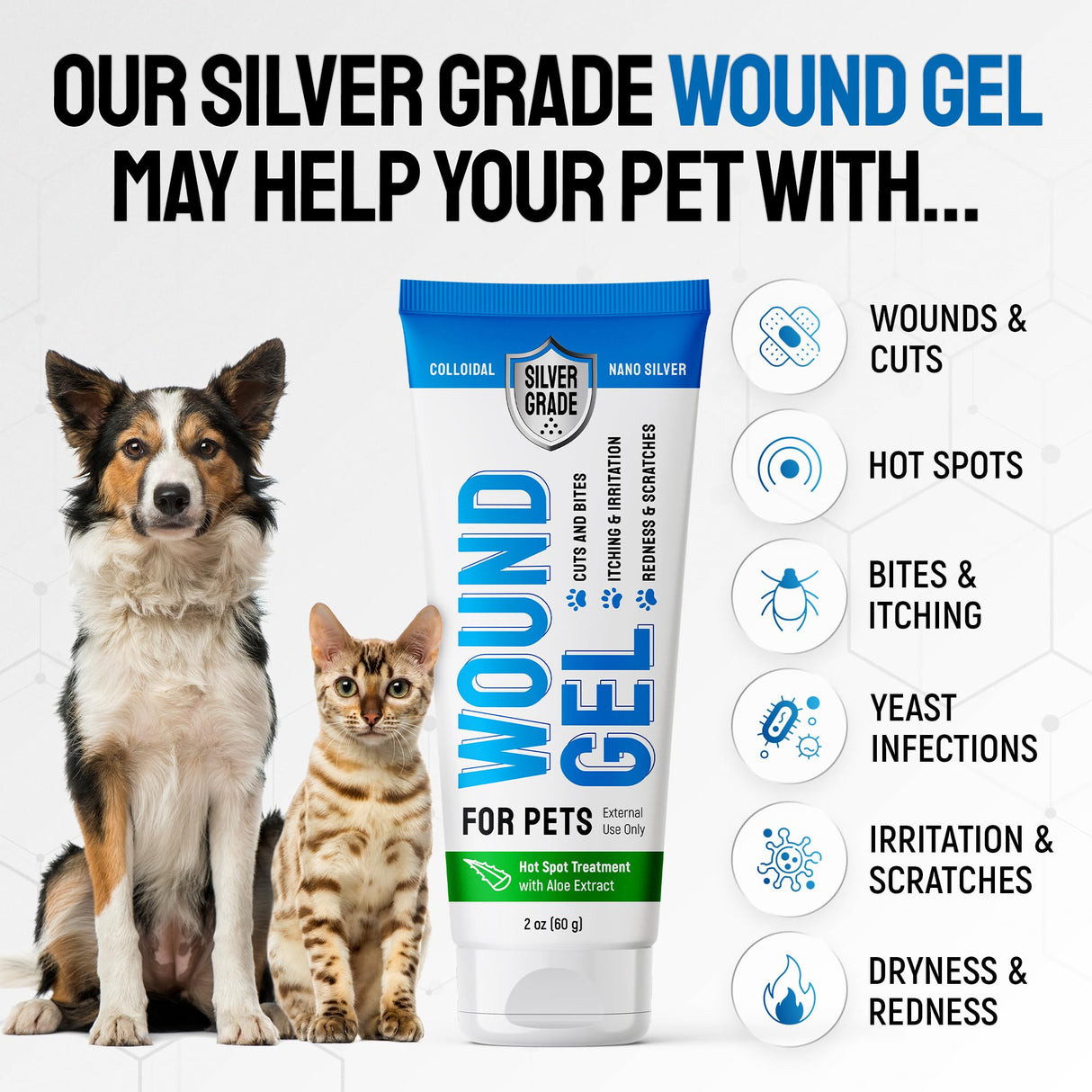 Wound Gel Tube for Pets – Dog Wound Care with Silver & Aloe – Cat & Dog Hot Spot, Scratches, Cuts, Bites Care – Help with Abrasions & Sores in Horses – Safe Breeds – 2 Oz