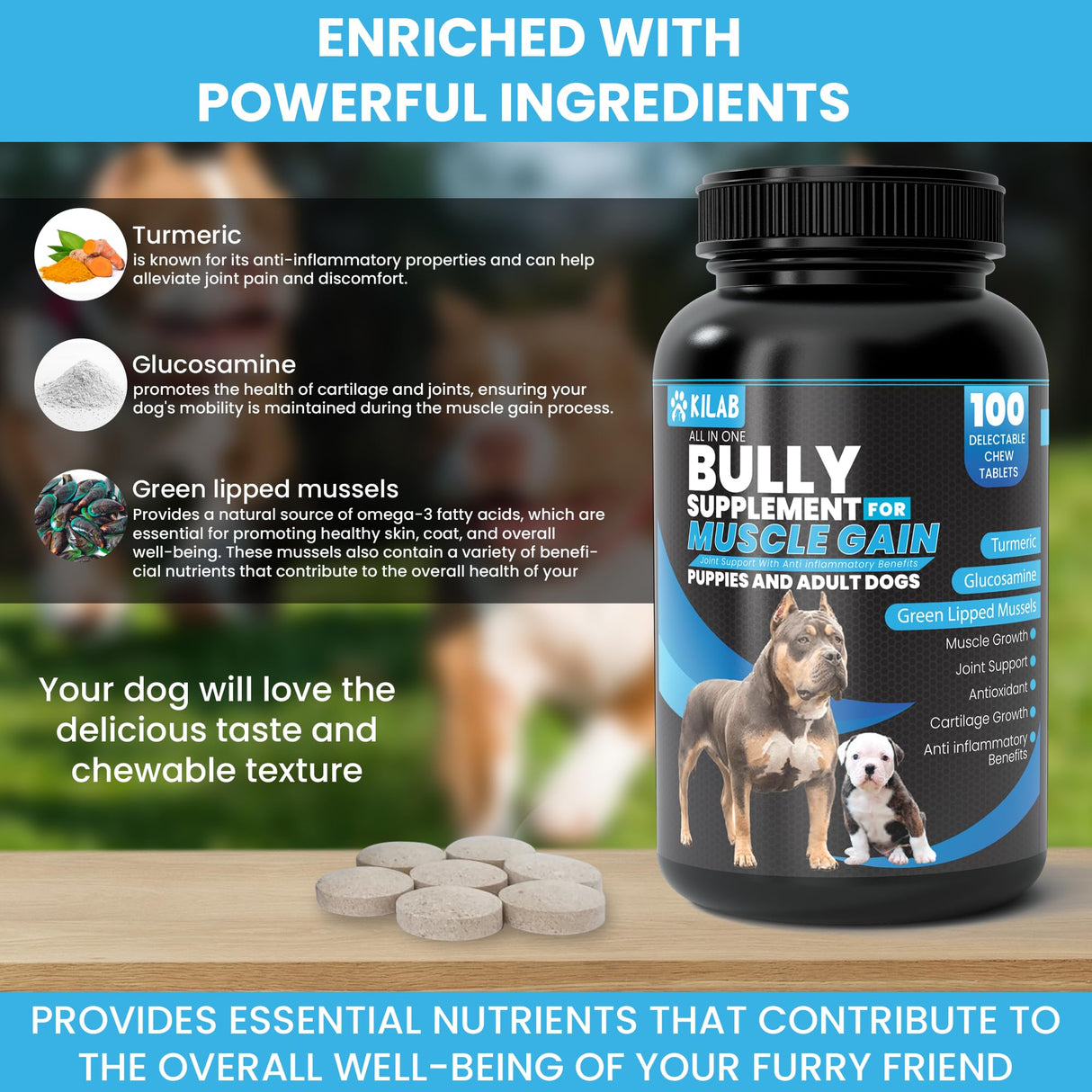 Kilab Dog Weight Gainer – 100-Count Muscle Builder Dog Supplement – Muscle Growth Supplement for Dogs, Puppies and Adults – Bully Growth Formula with Turmeric, Glucosamine, Green Lipped Mussels