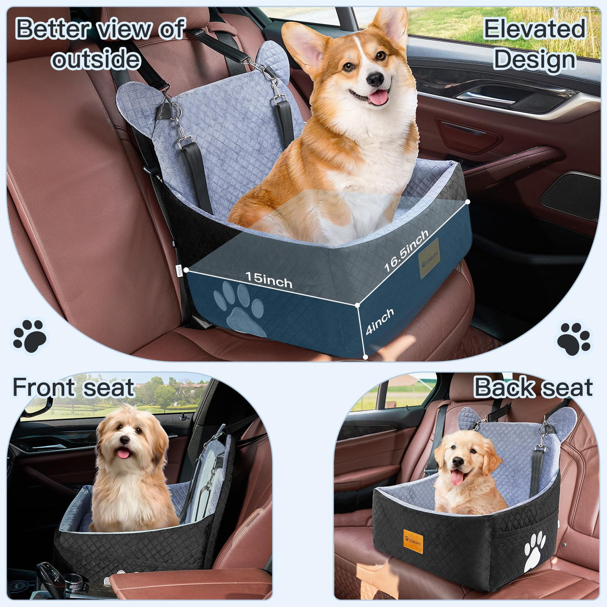 Dog car Seats for Small/Medium Dogs up to 33lbs- Washable, Waterproof, Dog Booster & car Seats with 2 Easy-Install Safety Belts, Non-Slip Base & Storage Pocket(Grey Black).