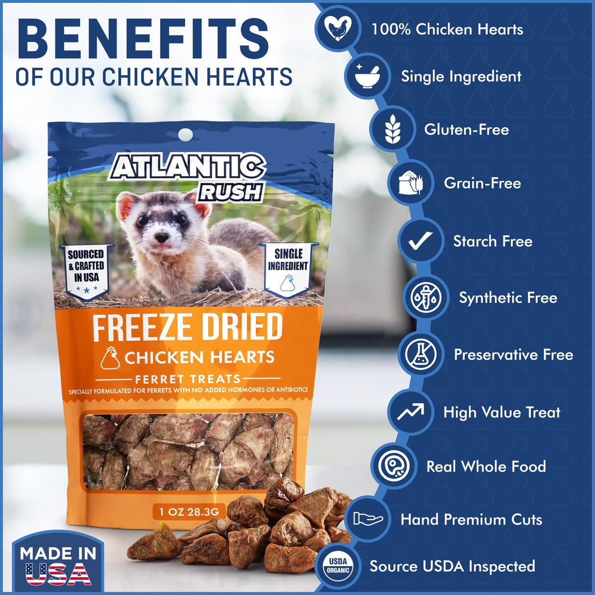 Freeze Dried Small Pet Treats - Resealable Bag of Treats for Ferrets - Ferret Snacks - Single Ingredient Ferret Food With No Preservatives Or Fillers- Small Animals Treats (1oz, chicken Heart)
