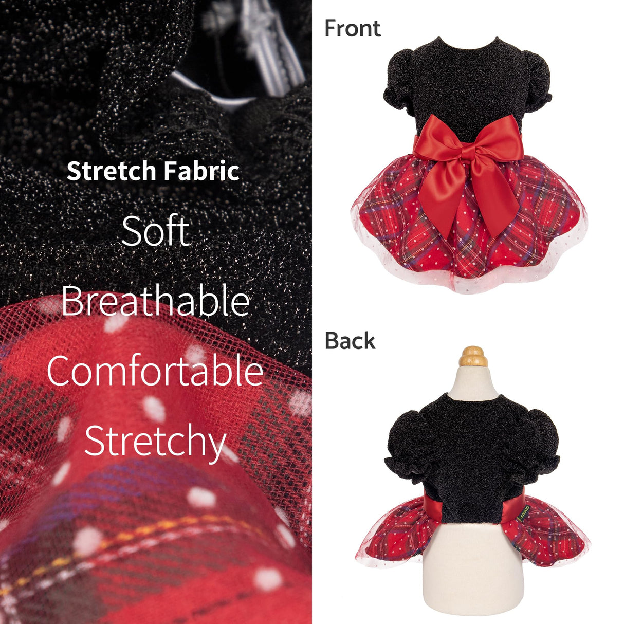 Fitwarm Christmas Puff Sleeve Dog Dress, Elegant Dog Christmas Outfit, Doggy Clothes for Small Dogs Girl, Pet Apparel, Black, Red, Small