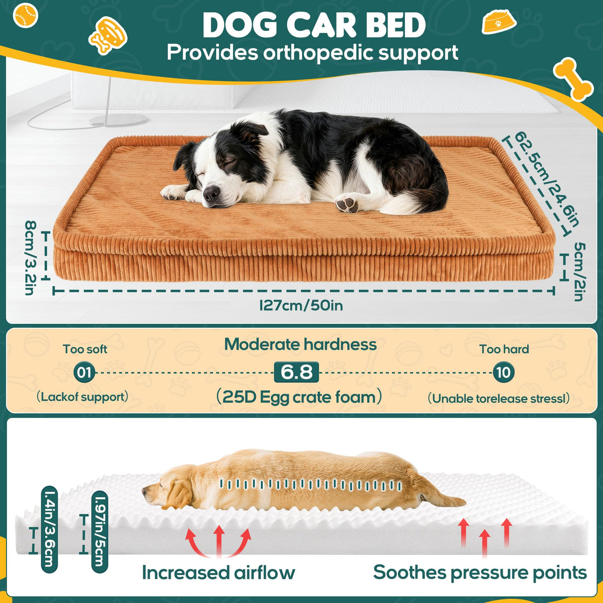 Dog Car Bed, Non-Slip Backseat Extender Pet Mat, Removable Washable Dog Bed for SUVs, Sedans & Trucks, Anti-Slip Travel Bed for Dogs, Easy Clean & Scratch-Proof & Comfort Brown (50"×24.6")