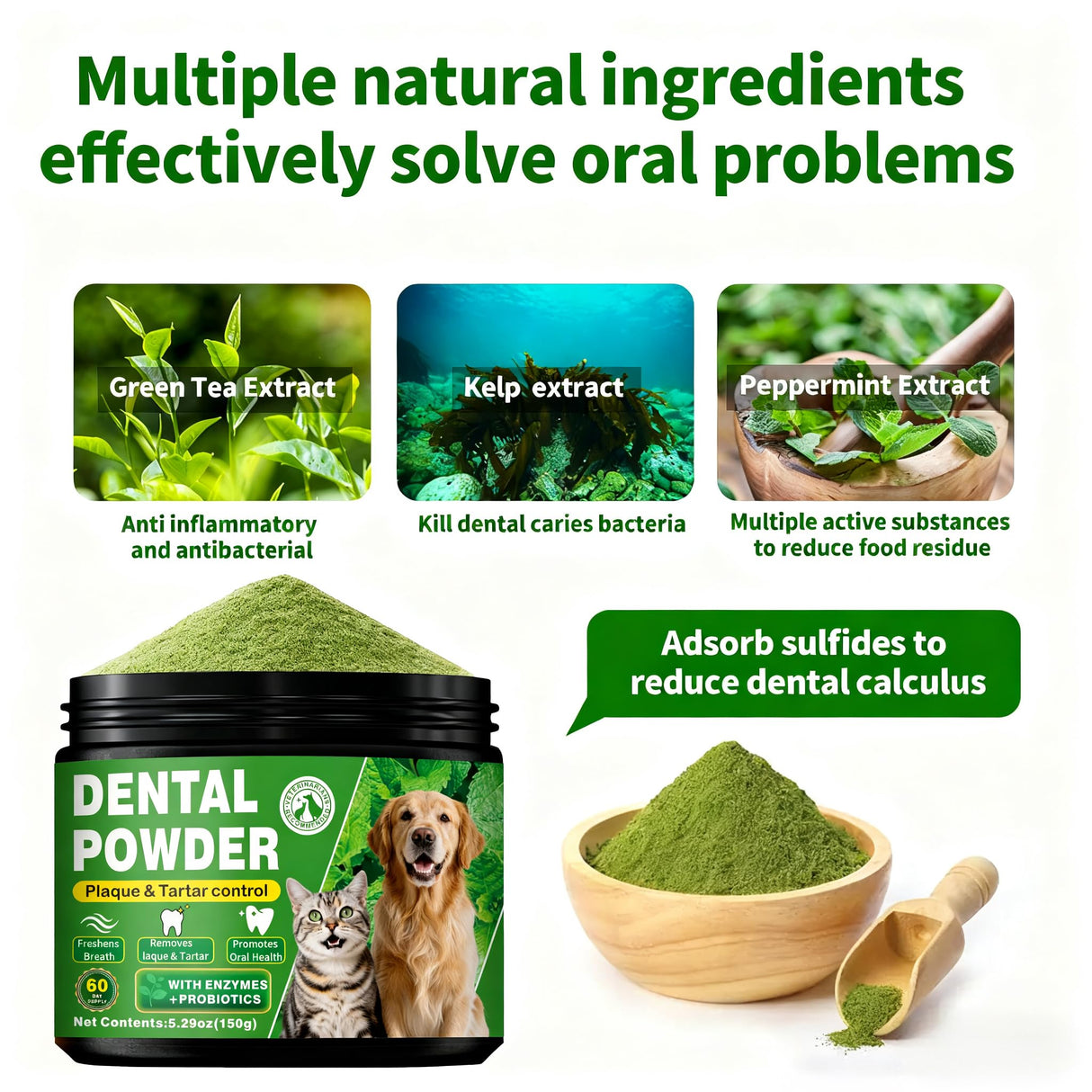 Dog Dental Powder – Helps Clean Teeth & Reduce Tartar, Fresh Breath Support, Natural Dental Care for Dogs, Easy to Use, 60-Day Supply