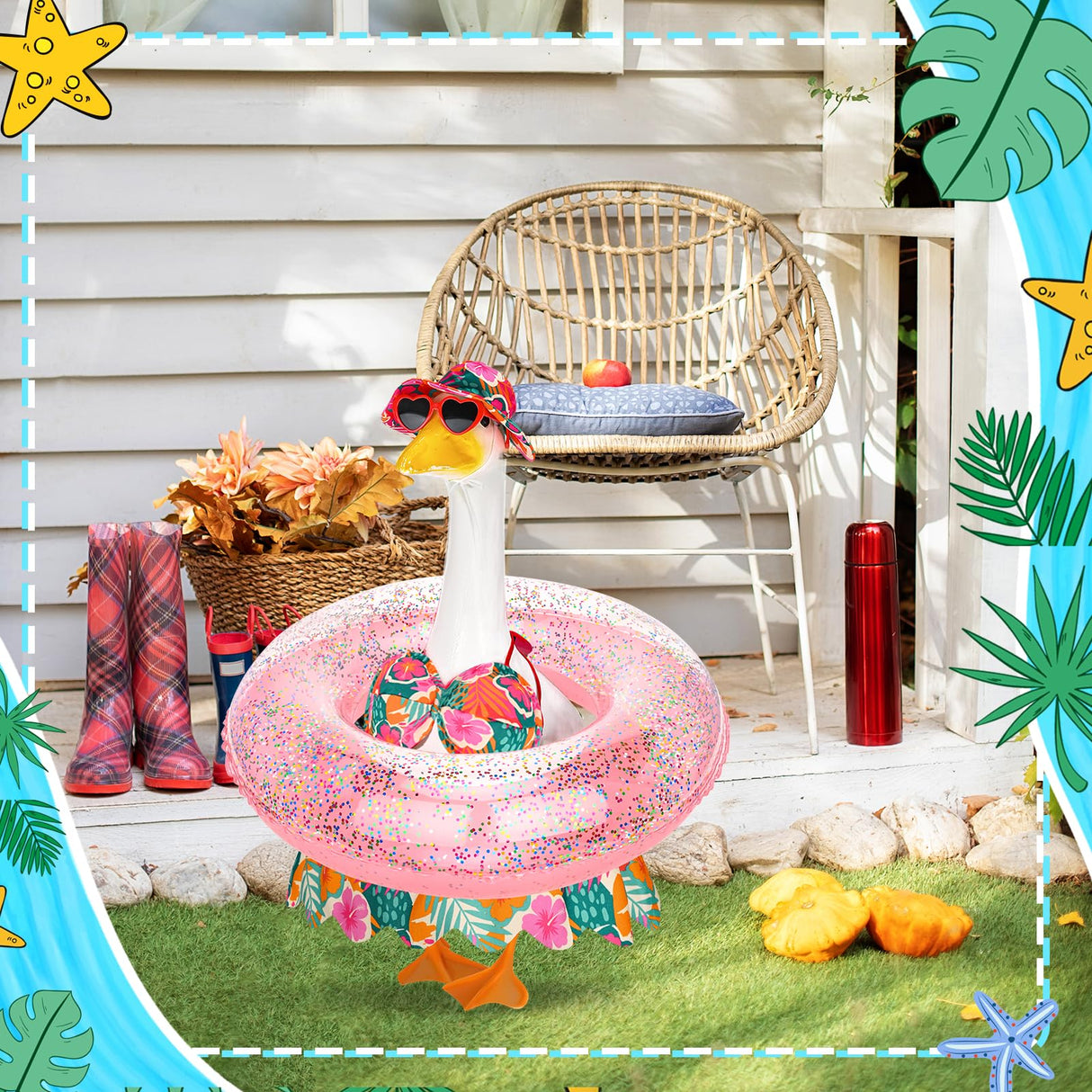GANSHAYA Hawaiian Porch Goose Outfits Summer Bikini Goose Clothes Costume Fits 23" Goose Statue with Hat Sunglasses & Swimming Ring